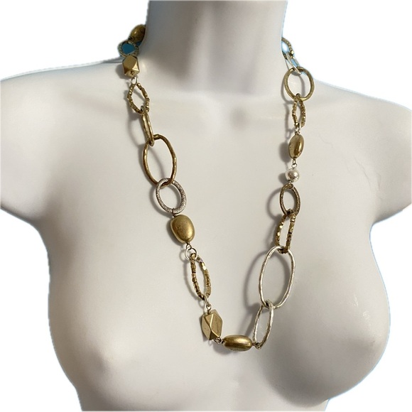 SIGRID OLSEN Gold Siver Textured Links & Beads Toggle Clasp Necklace - Picture 7 of 7